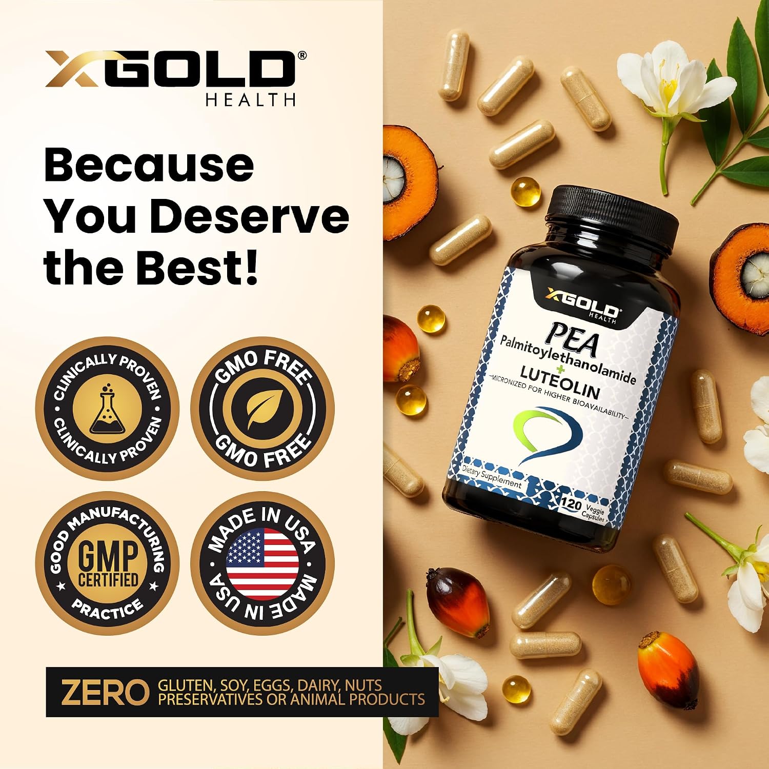 Palmitoiletanolamida 630 mg + Luteolina Estandarizada 98% - Micronizada - 120 Cápsulas Vegetales