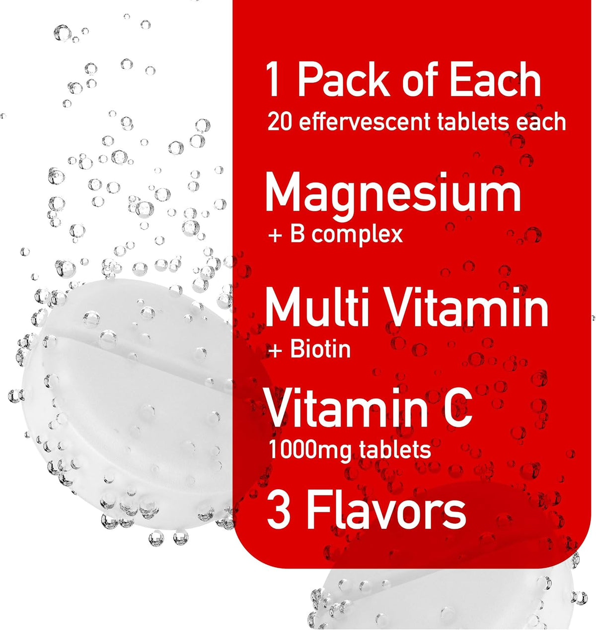 Effervescent Variety Pack with Vitamin C 1000mg, Magnesium + B Complex, Multivitamin + Biotin, 3-Pack, 60 Tablets – Image 3