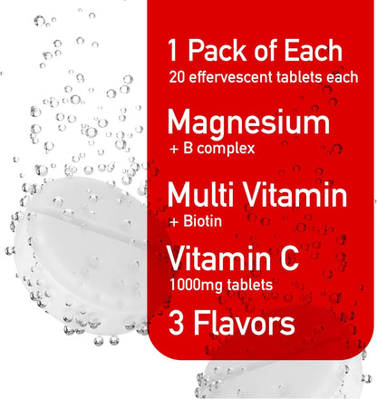 Effervescent Variety Pack with Vitamin C 1000mg, Magnesium + B Complex, Multivitamin + Biotin, 3-Pack, 60 Tablets – Image 3