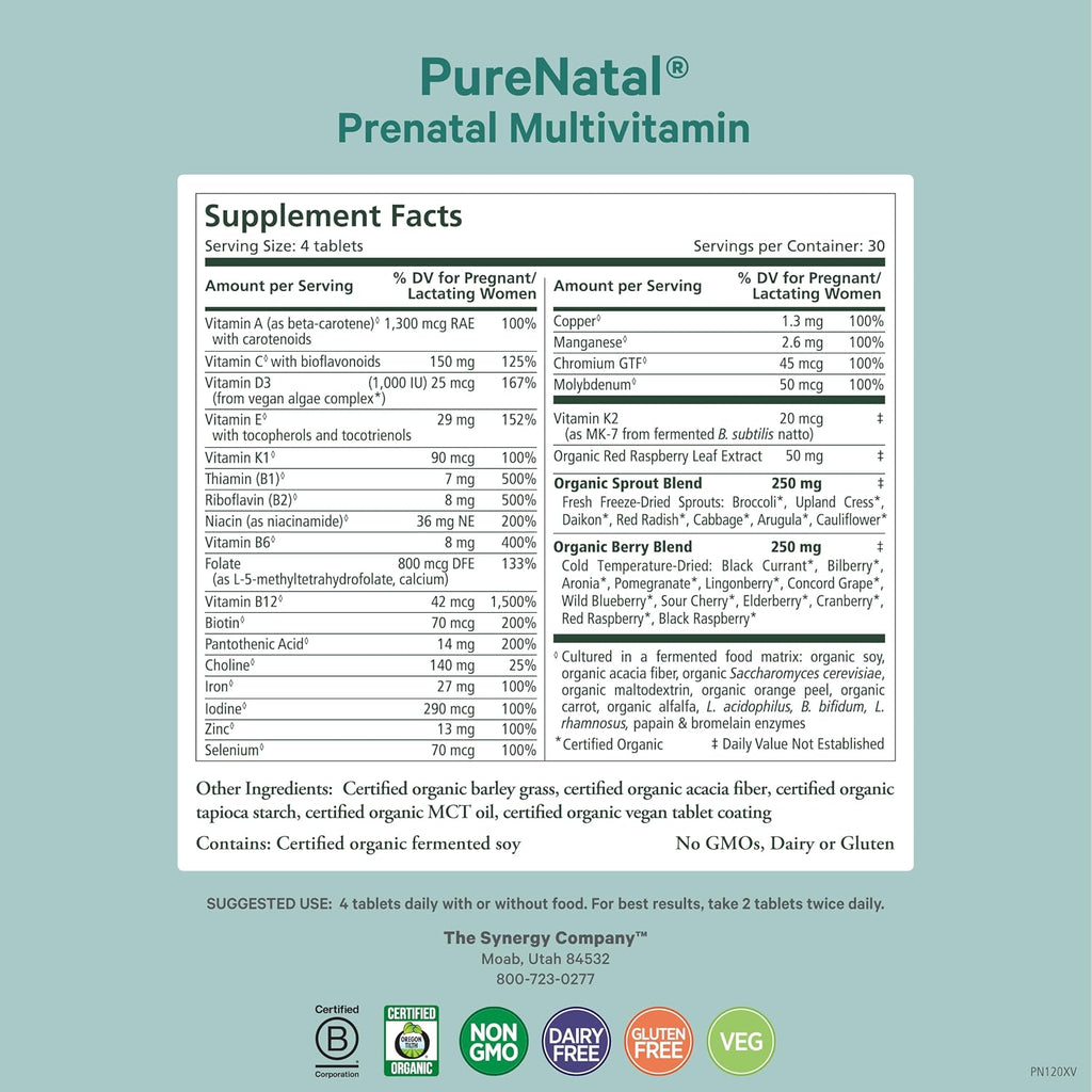 PURE SYNERGY PureNatal Vitaminas Prenatales - 120 Comprimidos Veganos
