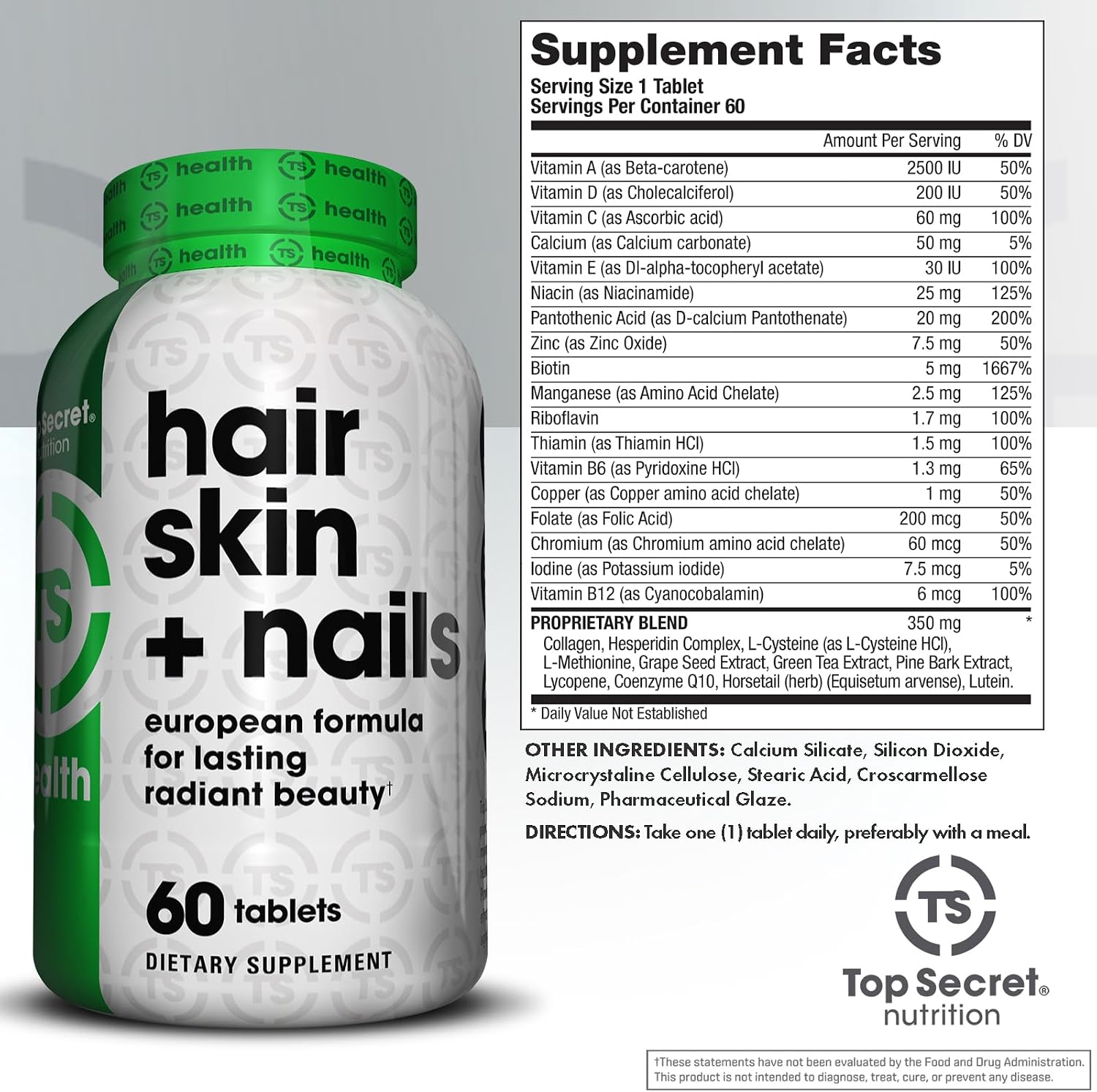 Top Secret Nutrition Cabello Piel + Uñas | 29 Vitaminas, Minerales y Fitonutrientes | Complejo de Colágeno, Biotina y Hesperidina | 60 Comprimidos