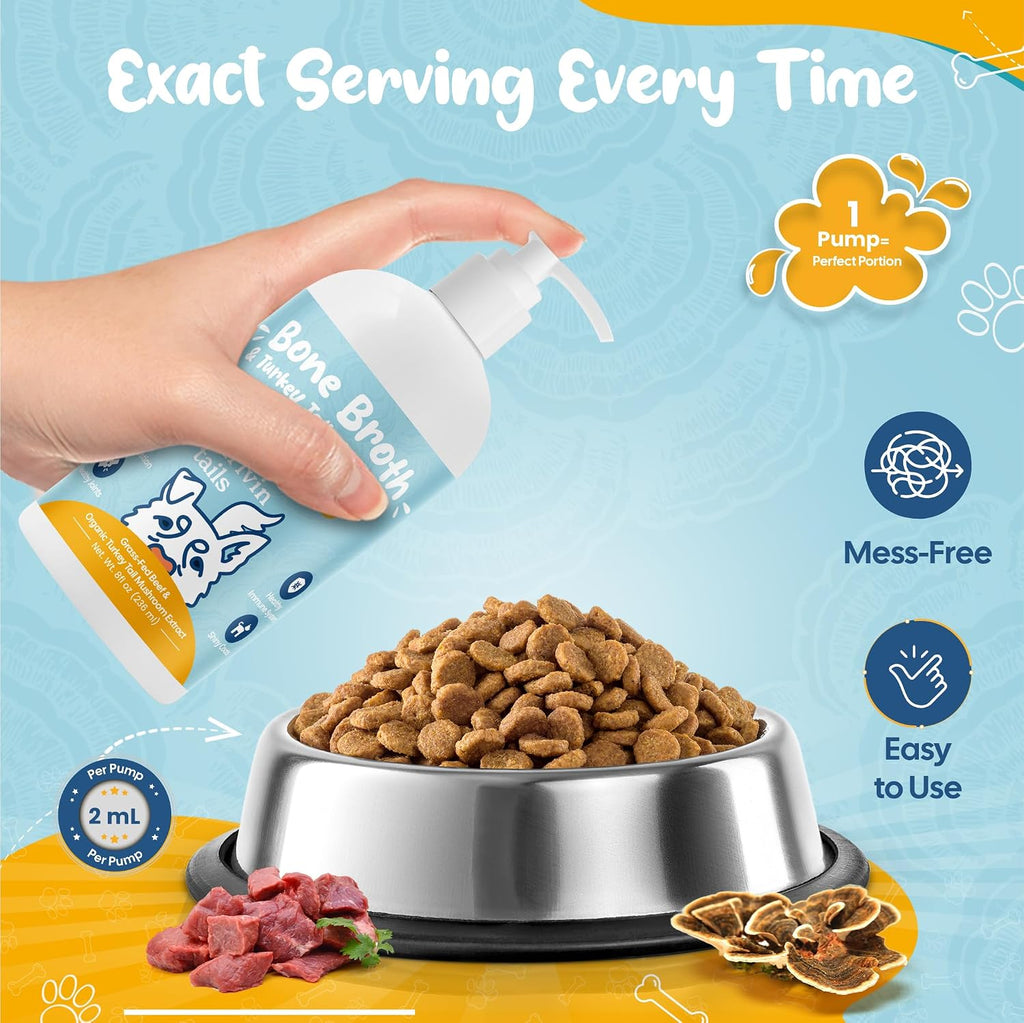 Organic Turkey Tail Mushroom & Liquid Bone Broth Dog Food Topper – Probiotic-Rich, Grain-Free Meal Enhancer for Pets – Supports Immune, Gut & Joint Health – Safe, Human-Grade, Made in USA