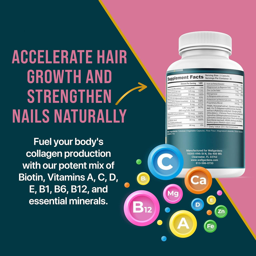 100% Pure Hair Skin and Nails Vitamins - Biotina para Mujeres y Hombres, 78,1119 mcg, 1 Mes de Suministro