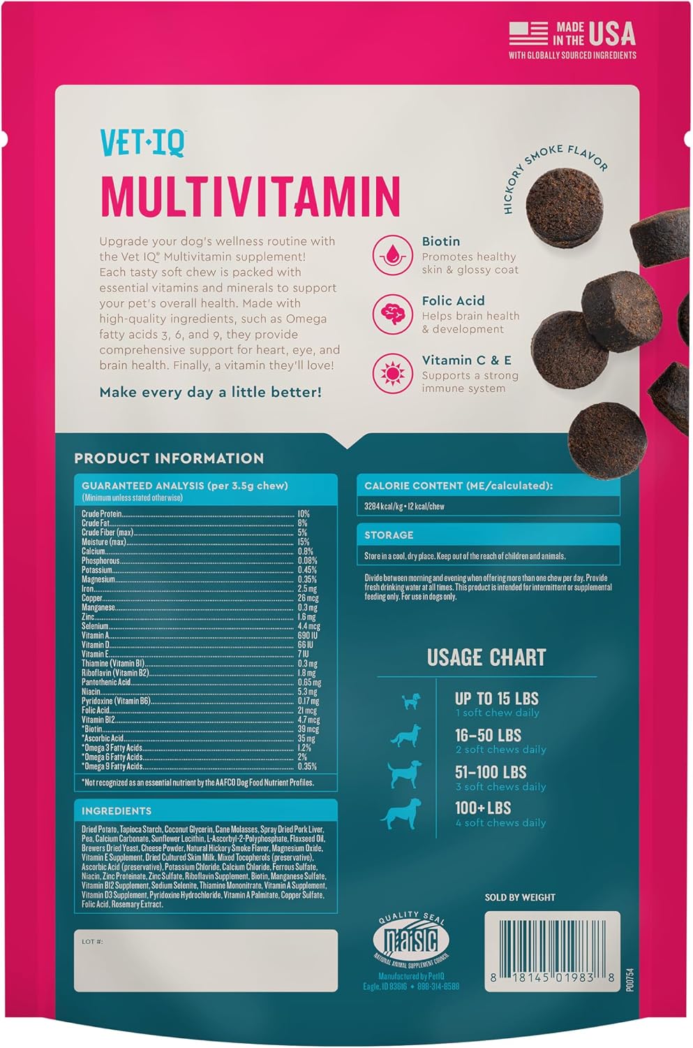 VetIQ Multivitamínico para Perros – Apoya la Función Cerebral, el Sistema Inmunológico y Digestivo – 60 Golosinas Blandas Sabor Ahumado