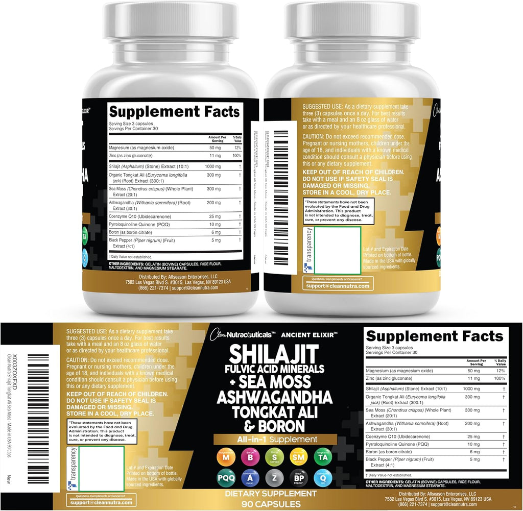 Shilajit para Hombres - Complejo con Sea Moss, Tongkat Ali, Ashwagandha y CoQ10 - 90 Cápsulas