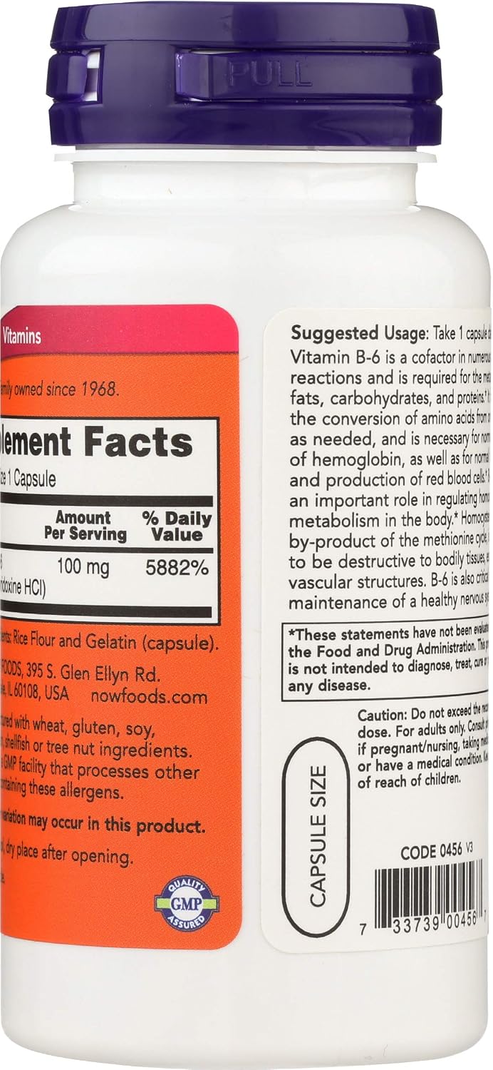 NOW Foods Vitamina B6 100mg Cápsulas, 100 unidades