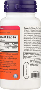 NOW Foods Vitamina B6 100mg Cápsulas, 100 unidades