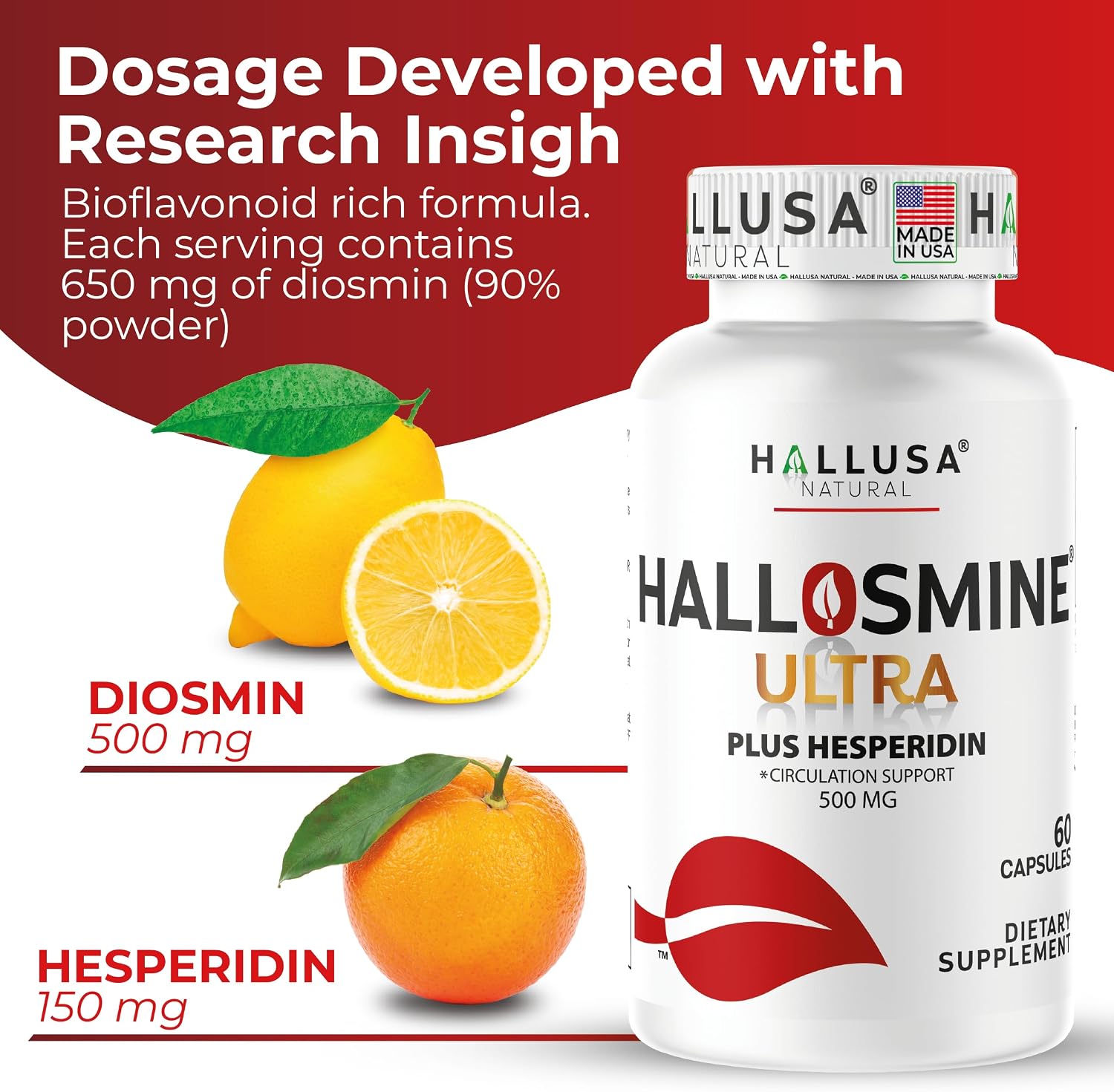 Hallosmine Ultra - Diosmin 500mg y Hesperidin 150mg - 60 cápsulas