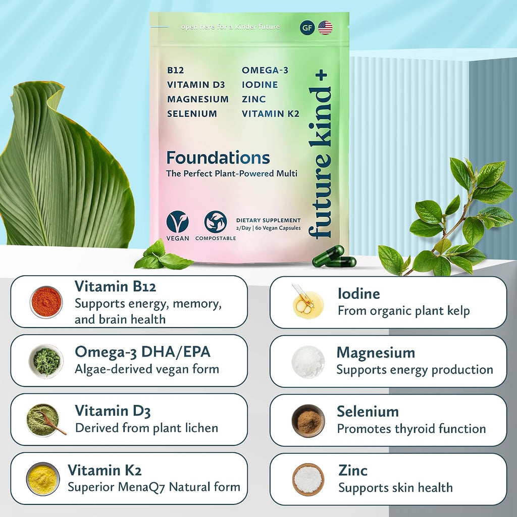 Future Kind Multivitamínico Vegano Completo con Omega-3, B12, D3, Zinc, Yodo, Magnesio, K2 y Selenio - Sin Carragenina, Envase Compostable (60 Cápsulas)