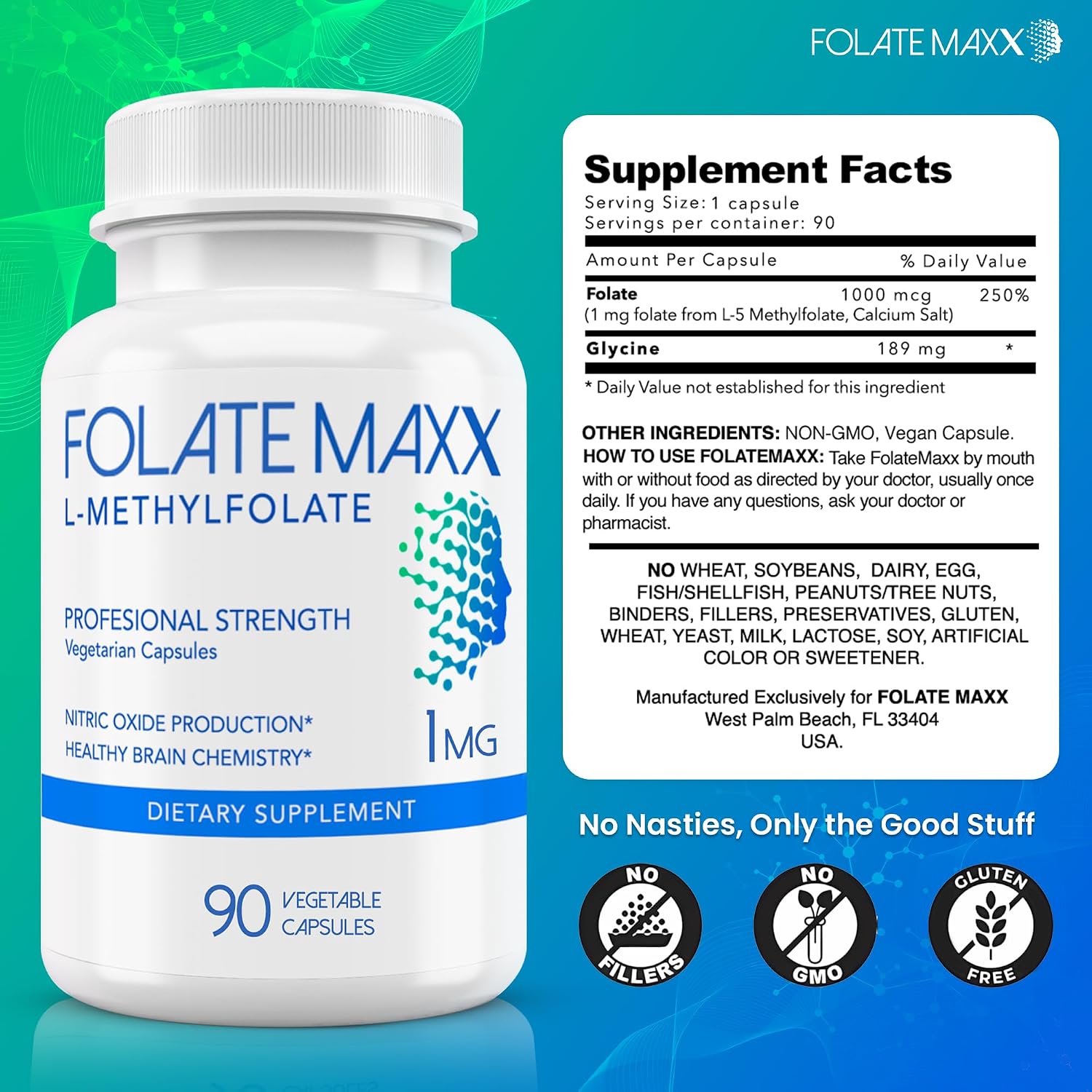 FOLATE MAXX L-Metilfolato 1mg (1000 mcg) - 180 Cápsulas Vegetales