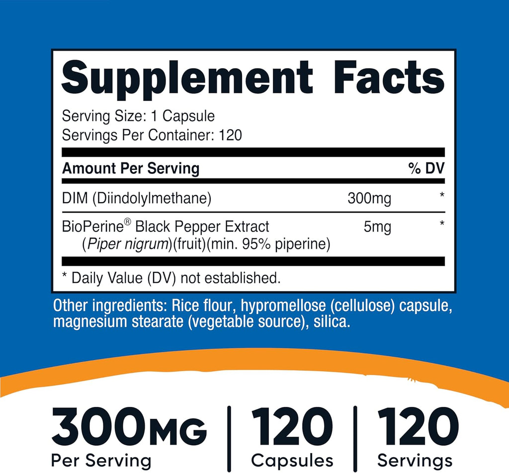 Nutricost DIM (Diindolylmethane) 300mg + BioPerine, 120 Cápsulas Vegetarianas
