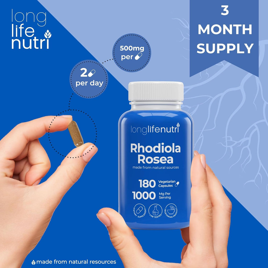LongLifeNutri Rhodiola Rosea 1000mg, 180 Cápsulas Vegetarianas – Adaptógeno Natural, No Transgénico