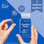 LongLifeNutri Rhodiola Rosea 1000mg, 180 Cápsulas Vegetarianas – Adaptógeno Natural, No Transgénico