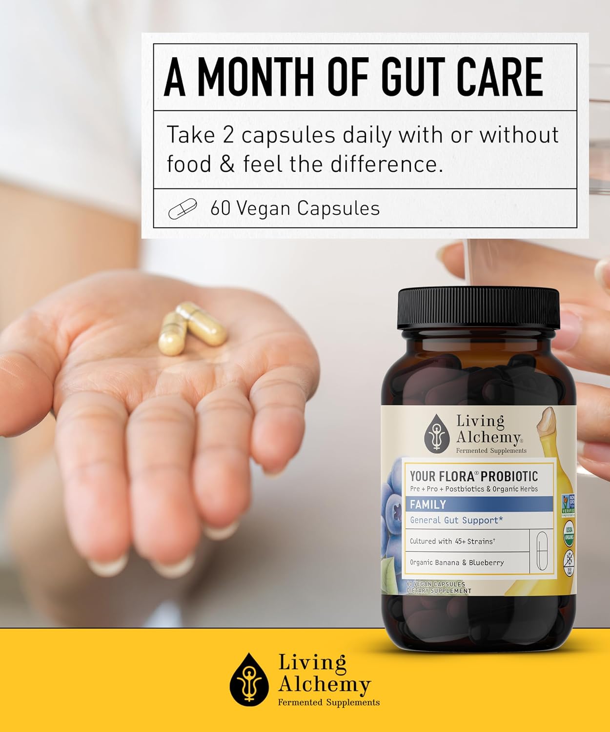 Your Flora Probiotic Family – Probióticos No-GMO con Soja Fermentada, Plátano y Arándano – 60 Cápsulas – Living Alchemy