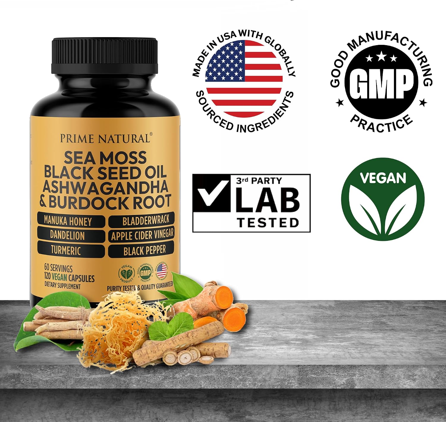 PRIME NATURAL Sea Moss 300mg Aceite de Semilla Negra 200mg Ashwagandha 100mg Cúrcuma Bladderwrack Bardana Miel de Manuka Diente de León Vinagre de Sidra de Manzana - 120 Cápsulas | 60 Días de Suministro | Vegano