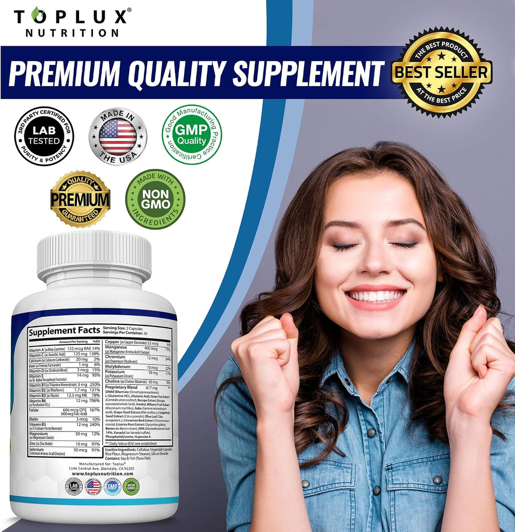 Toplux Brain Booster – Suplemento Nootrópico con DMAE, Bacopa Monnieri y L-Glutamina, 60 Cápsulas