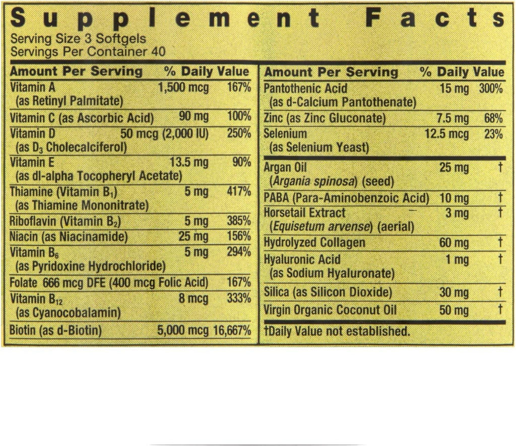 Spring Valley Extra Strength Hair, Skin & Nails Biotina 5000 mcg - 120 Cápsulas Blandas