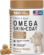 Omega 3 para Perros, 180 Masticables Blandos - Aceite de Salmón y Pescado para Piel y Pelaje, Alivio de Alergias y Picazón - EPA DHA - Sabor a Mantequilla de Cacahuete - Hecho en EE.UU.