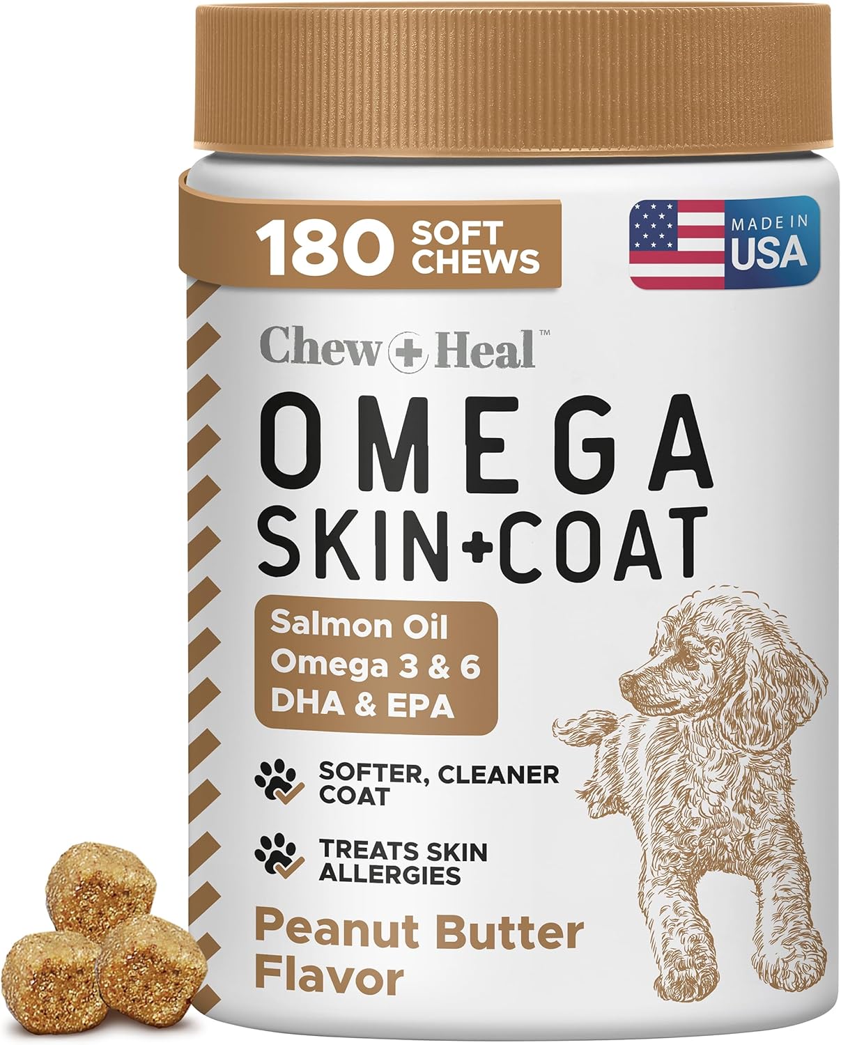 Omega 3 para Perros, 180 Masticables Blandos - Aceite de Salmón y Pescado para Piel y Pelaje, Alivio de Alergias y Picazón - EPA DHA - Sabor a Mantequilla de Cacahuete - Hecho en EE.UU.