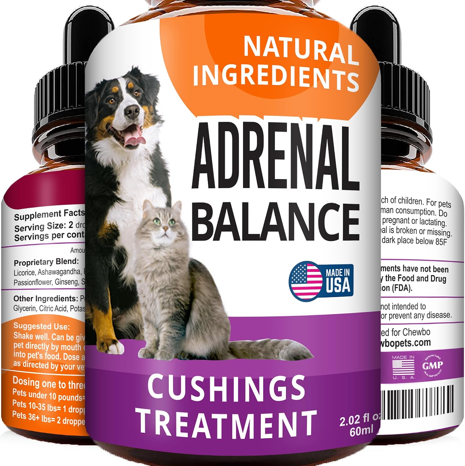 Adrenal Balance para Perros y Gatos - Tratamiento de Cushing, Apoyo Adrenal con Ashwagandha, Raíz de Regaliz, Rhodiola Rosea - 60ml Gotas Herbales