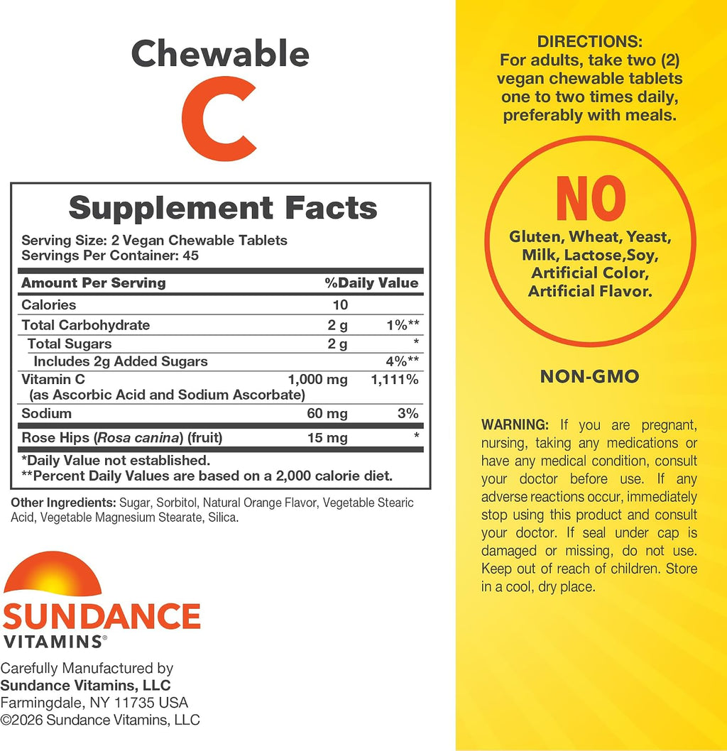 Sundance Vitamina C 1000 mg Masticable – 90 Comprimidos Sabor Naranja Natural – Vegano, No Transgénico, Sin Gluten