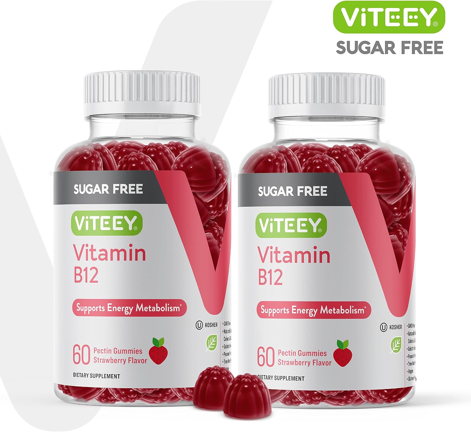 Viteey Gominolas de Vitamina B12 1000mcg sin Azúcar, Sabor Fresa, 120 Gominolas