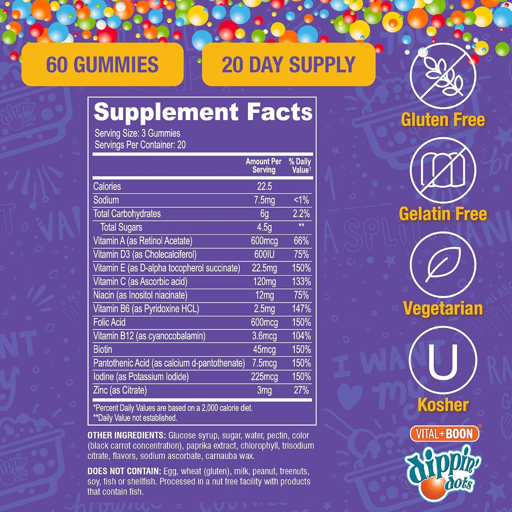 Vital+Boon Dippin' Dots - Gominolas Multivitamínicas para Adultos - Vitaminas A, B6, C, D3, E y Ácido Fólico - Vegetarianas, No GMO, Sin Gluten (60 Unidades)
