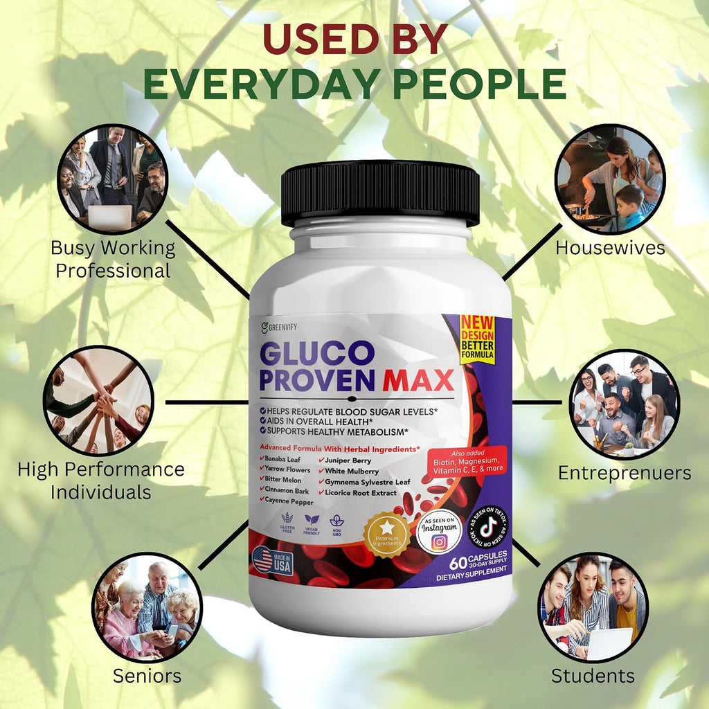 Gluco Proven Max – Suplemento diario con vitaminas, minerales y hierbas – Cromo, Magnesio, Banaba, Melón amargo y Zinc – No GMO, sin gluten – 180 cápsulas
