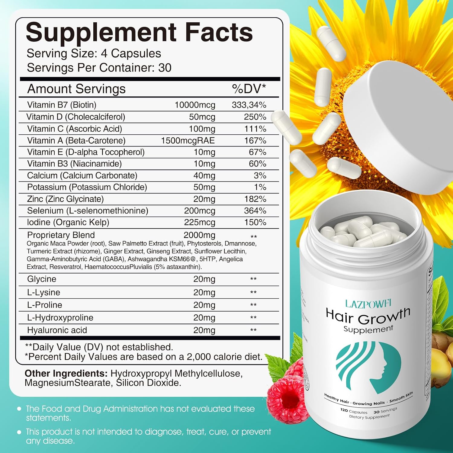 Lazpowfi Complemento para el Crecimiento del Cabello con Biotina 10000mcg, 30-en-1