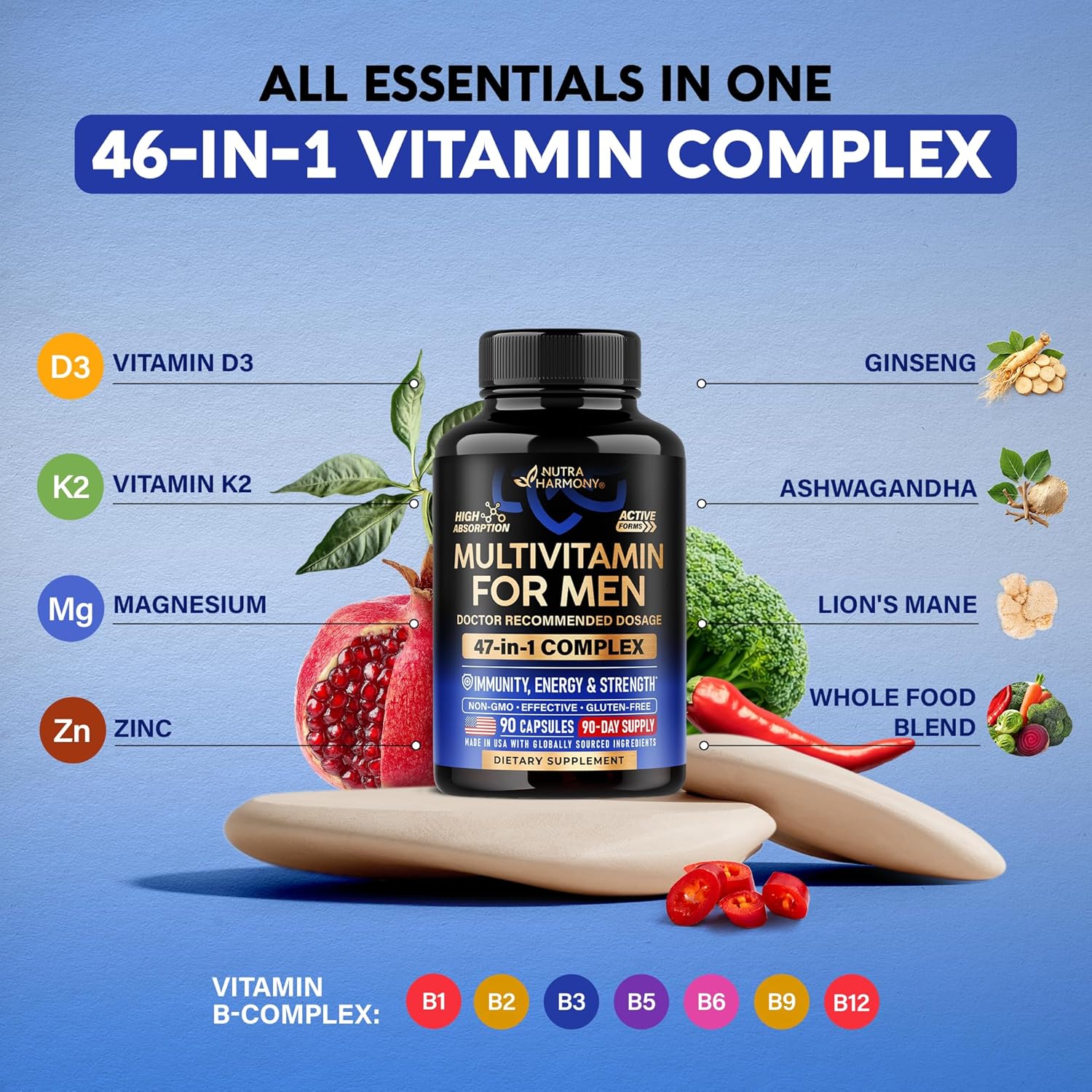 Multivitamínico para Hombres 46-en-1 - Complejo B con Alimentos Integrales y Enzimas - 90 Cápsulas