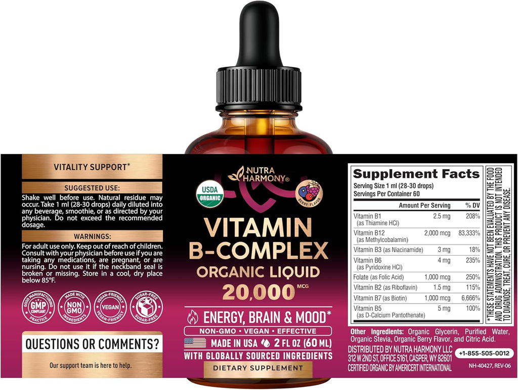 Complejo de Vitamina B Orgánico USDA - B5 Ácido Pantoténico, B12 Metilcobalamina, B1 Tiamina, B6 Piridoxina, B7 Biotina, B9 Fólico, B3 Niacinamida - Gotas Líquidas con Sabor a Baya Natural, 59 ml