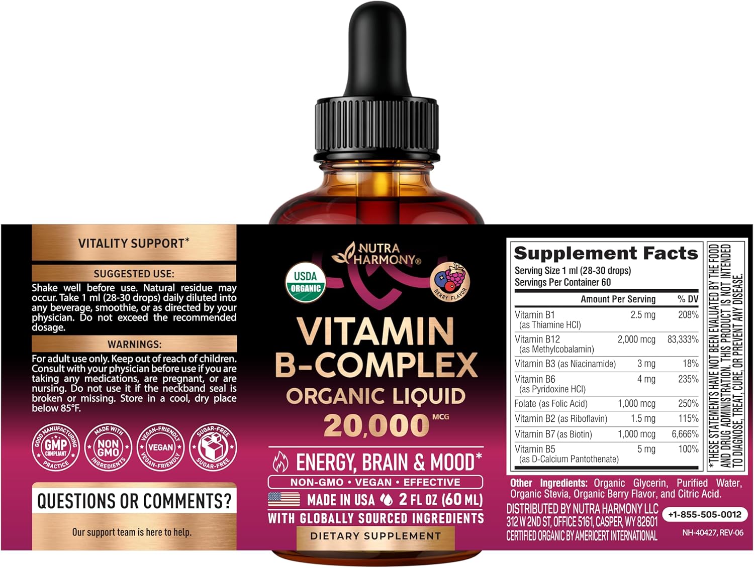 Complejo de Vitamina B Orgánico USDA - B5 Ácido Pantoténico, B12 Metilcobalamina, B1 Tiamina, B6 Piridoxina, B7 Biotina, B9 Fólico, B3 Niacinamida - Gotas Líquidas con Sabor a Baya Natural, 59 ml