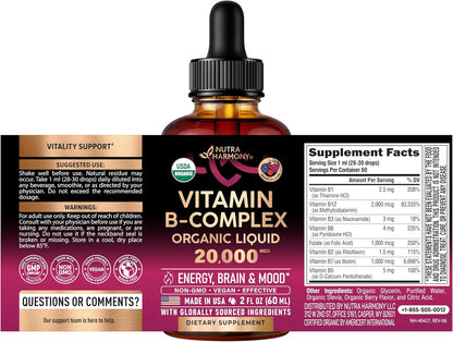 Complejo de Vitamina B Orgánico USDA - B5 Ácido Pantoténico, B12 Metilcobalamina, B1 Tiamina, B6 Piridoxina, B7 Biotina, B9 Fólico, B3 Niacinamida - Gotas Líquidas con Sabor a Baya Natural, 59 ml