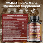 MEGNETA 22 en 1 Hongos Multivitamínicos, Lion's Mane, Cordyceps, Reishi, Turkey Tail, 180 Cápsulas