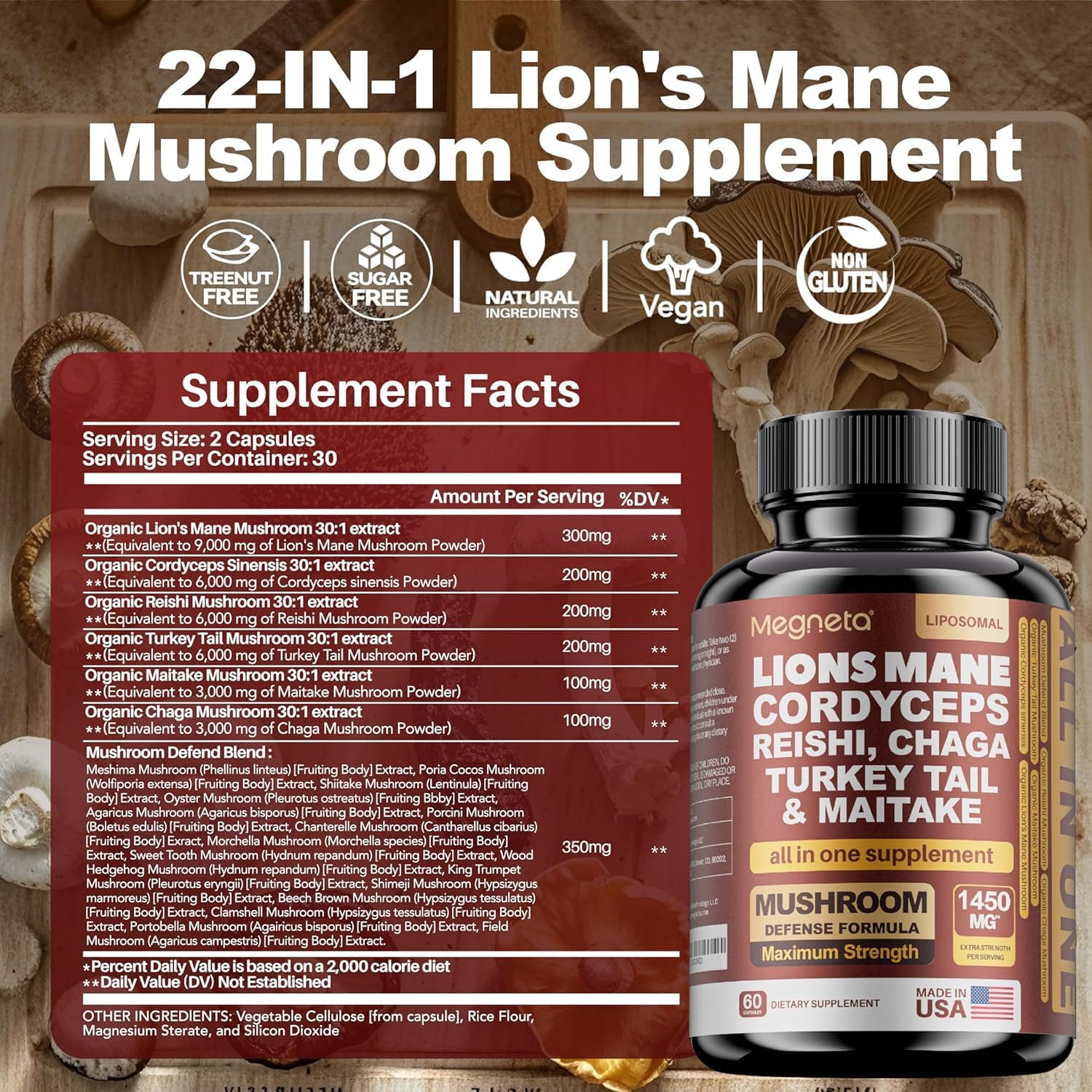 MEGNETA 22 en 1 Hongos Multivitamínicos, Lion's Mane, Cordyceps, Reishi, Turkey Tail, 180 Cápsulas