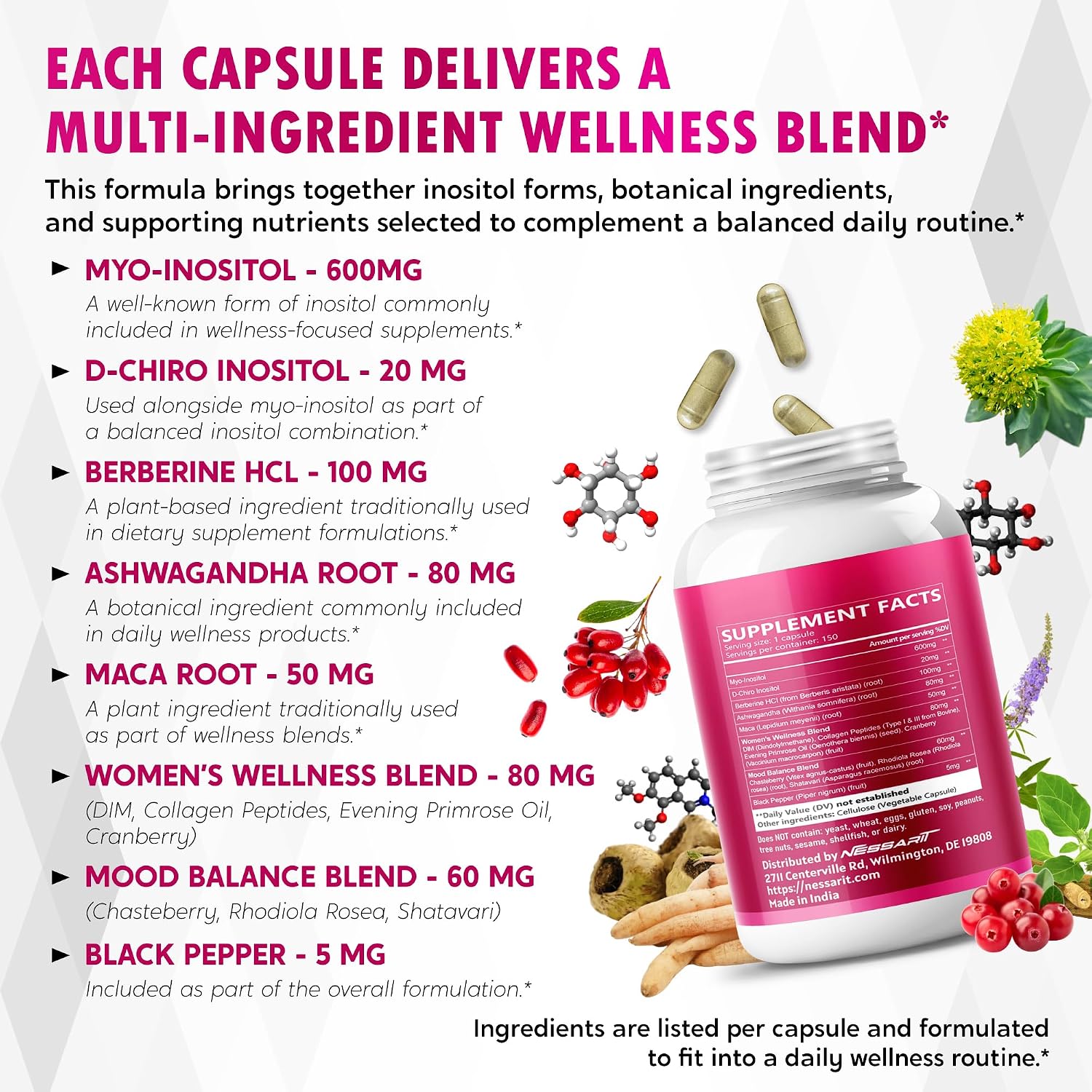 NESSARIT Myo-Inositol, D-Chiro Inositol, Berberina, Ashwagandha y Maca – 150 Cápsulas