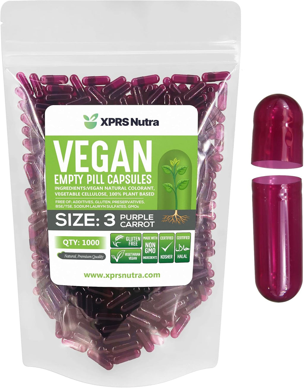 XPRS Nutra Cápsulas Vacías Tamaño 3 - 1000 Unidades - Cápsulas Vegetales (Zanahoria Morada)