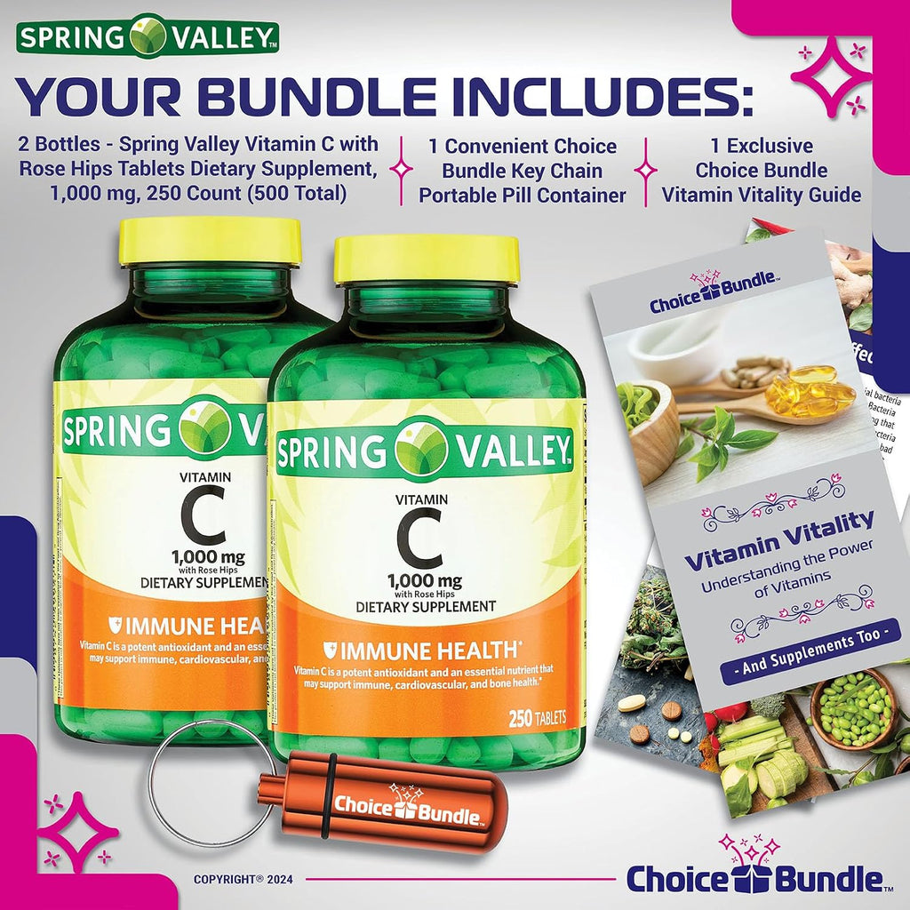 Choice Bundle Spring Valley Vitamina C 1000 mg Complemento Alimenticio Tabletas con Escaramujo 250 Ct 2 uds (500 Total) + Guía de Vitaminas y Pastillero Portátil (4 Artículos)