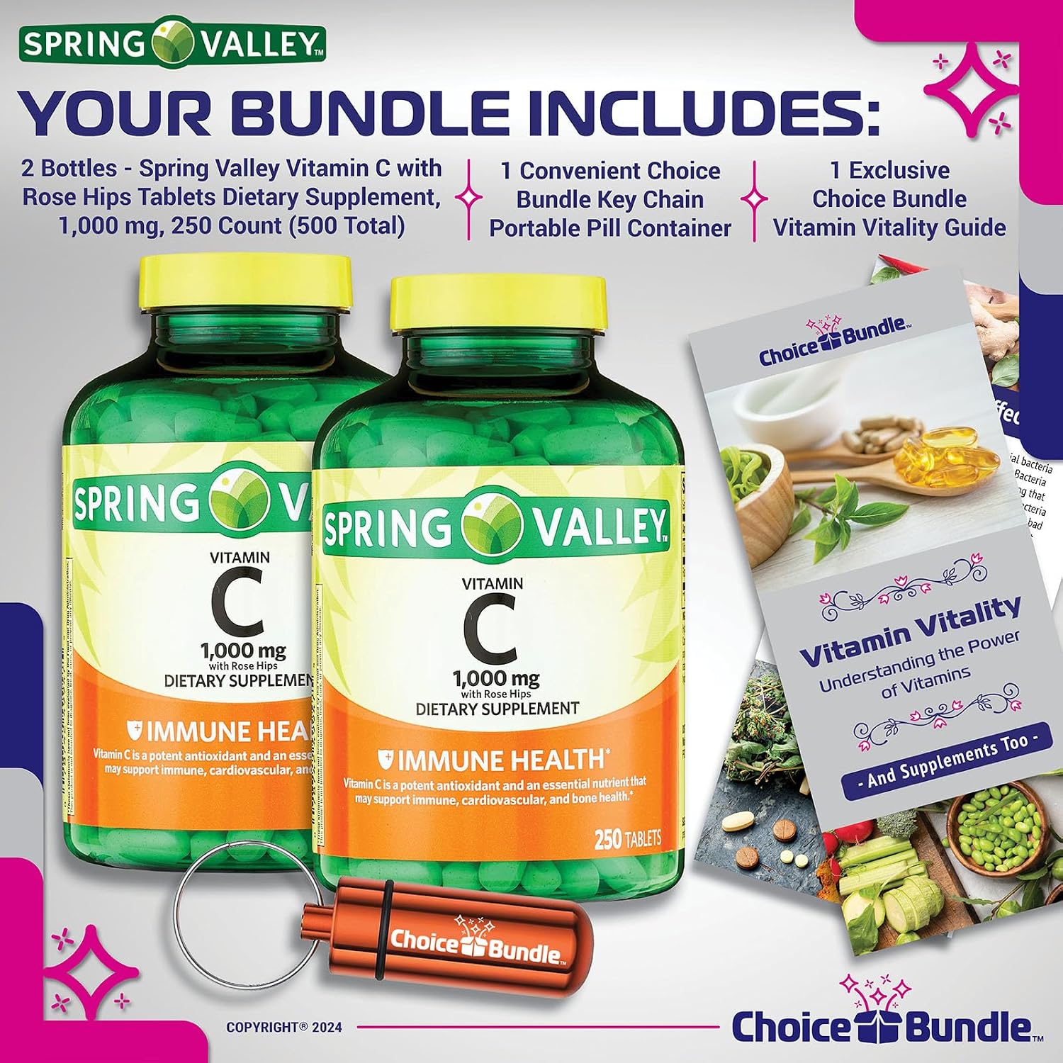 Choice Bundle Spring Valley Vitamina C 1000 mg Complemento Alimenticio Tabletas con Escaramujo 250 Ct 2 uds (500 Total) + Guía de Vitaminas y Pastillero Portátil (4 Artículos)