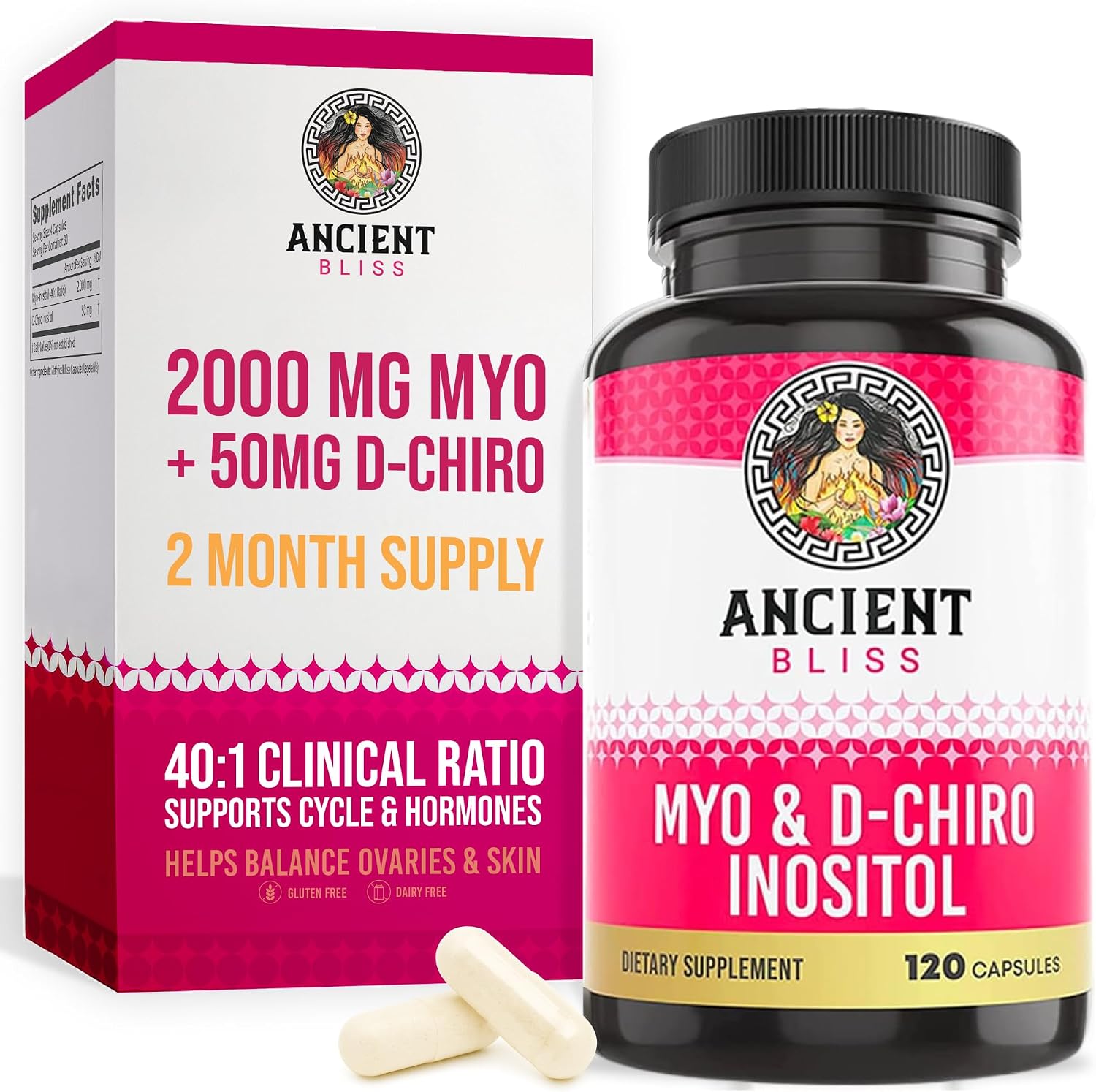 Ancient Bliss Myo y D-Chiro Inositol 40:1, 2050mg por dosis, 120 Cápsulas Veganas