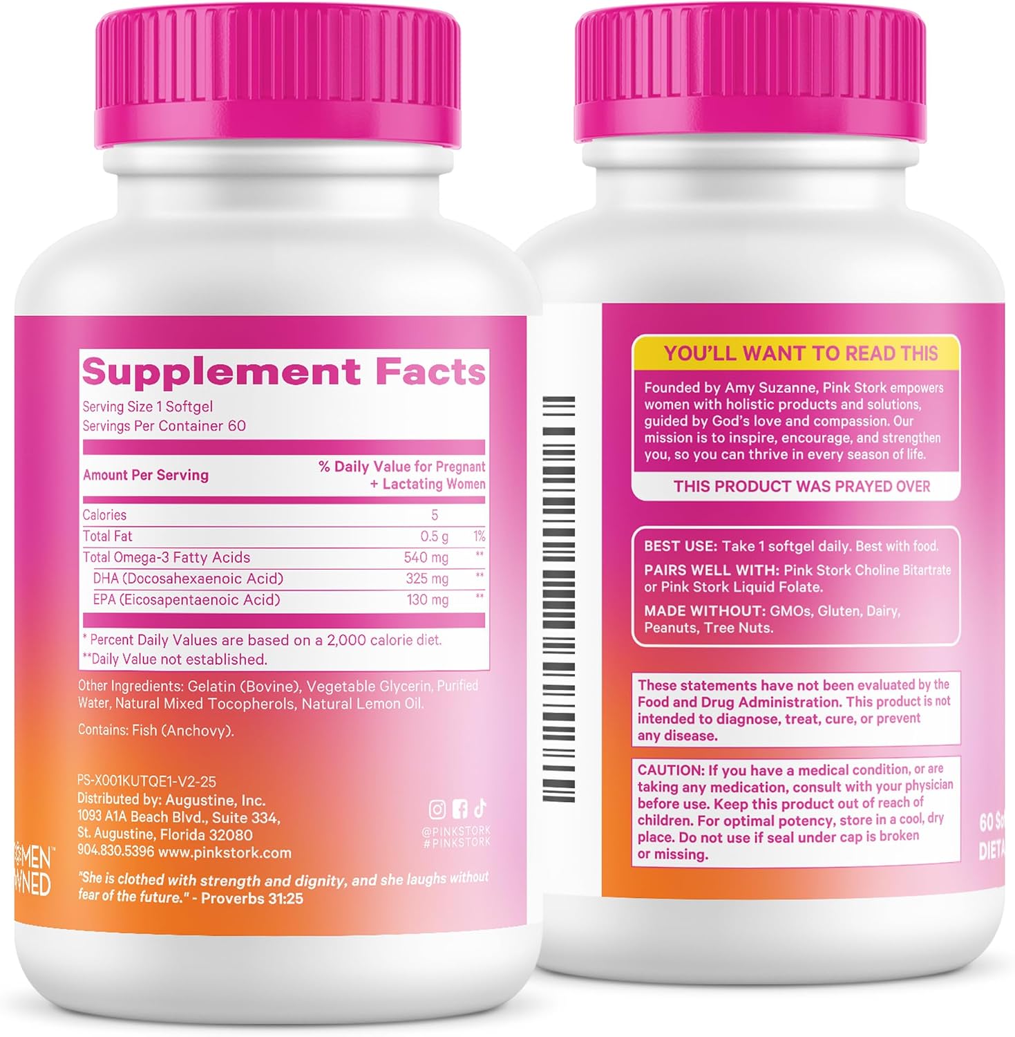 Pink Stork Omega-3 DHA - 540 mg de Aceite de Pescado con DHA y EPA, Suplemento Prenatal y Postparto para la Salud Cognitiva y el Desarrollo Fetal - 60 Cápsulas Blandas