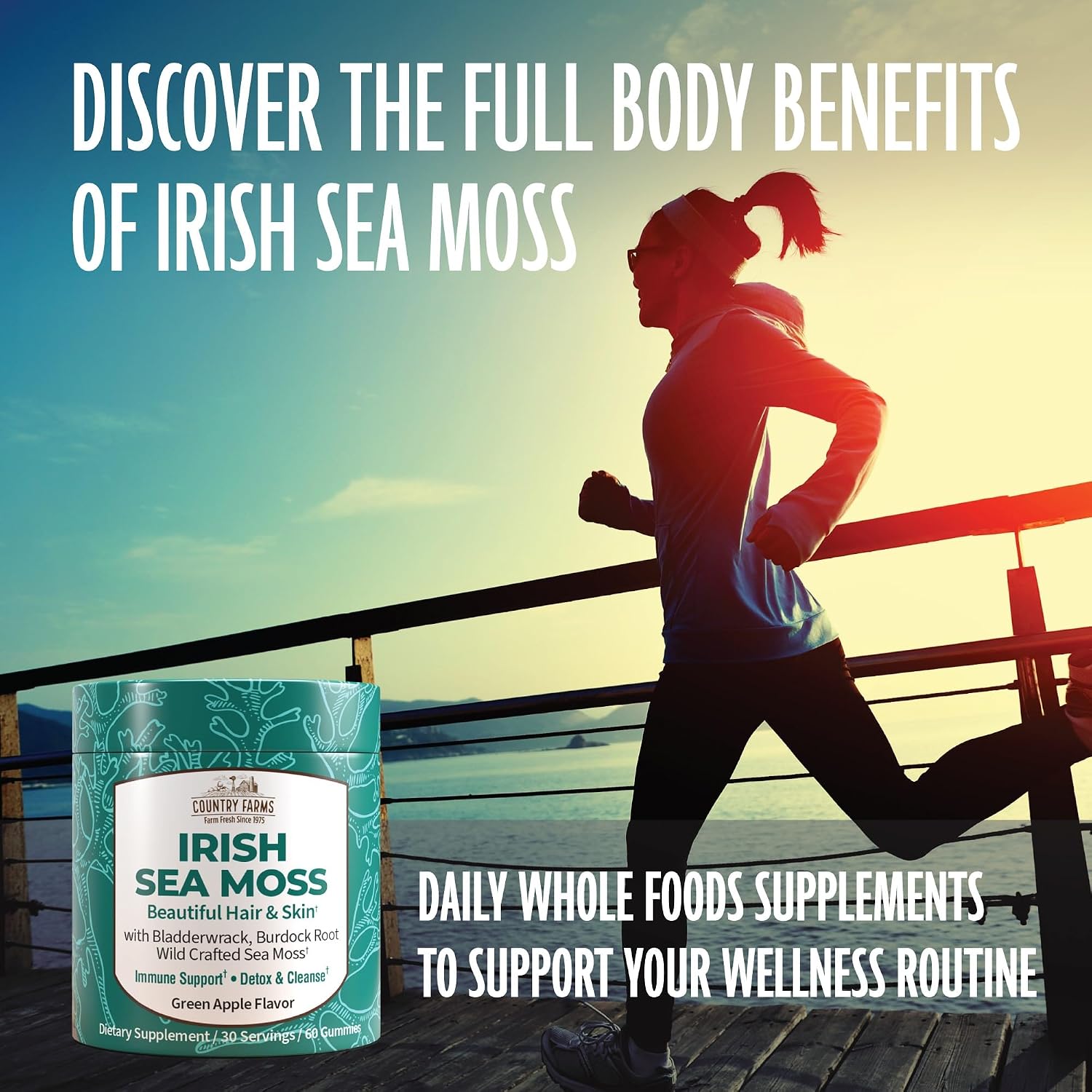 Country Farms Irish Sea Moss Gummies - 2000mg con Bardana y Fucus - Vegano y Sin Gluten - Sabor Manzana Verde