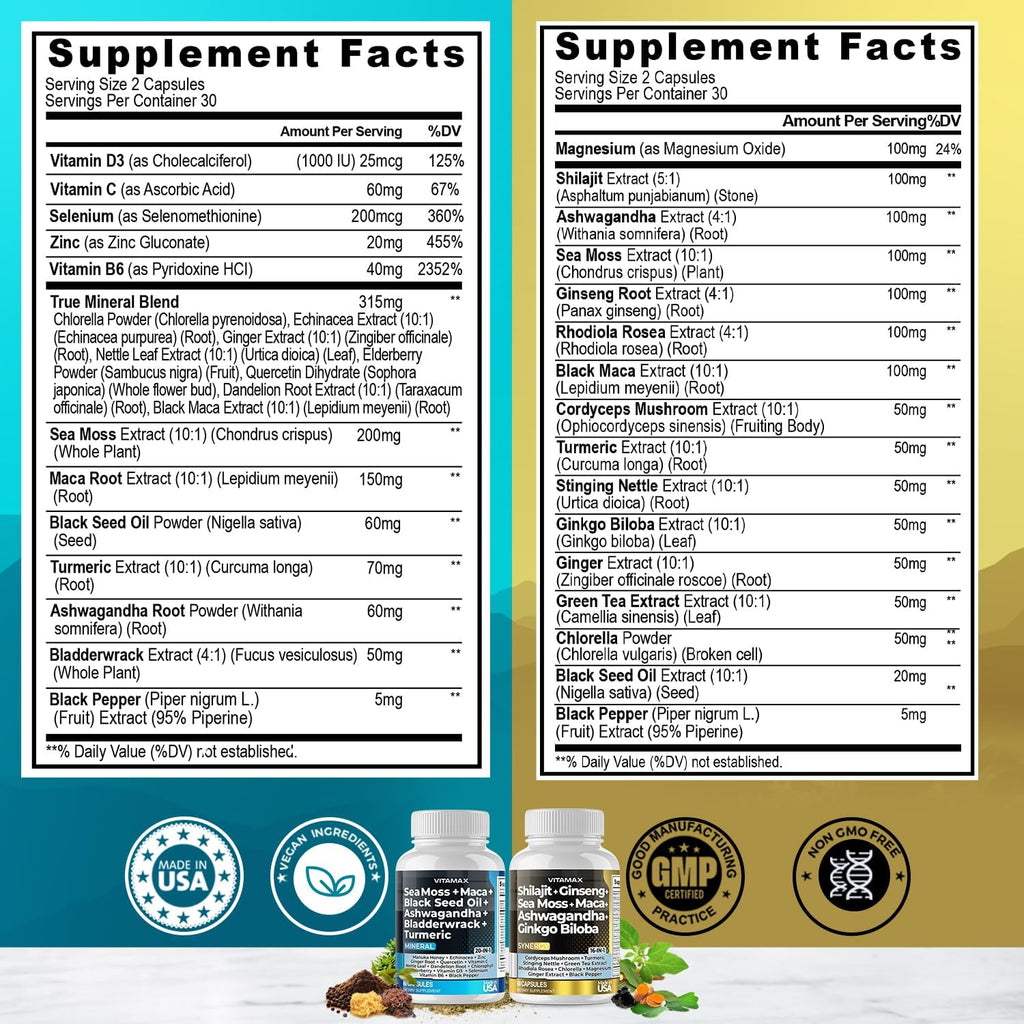 Vitamax Pure Himalayan Shilajit con Sea Moss, Ashwagandha, Bladderwrack y Ginkgo Biloba - Cápsulas Veganas