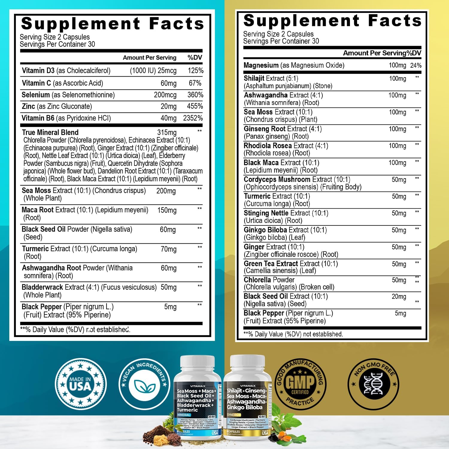 Vitamax Pure Himalayan Shilajit con Sea Moss, Ashwagandha, Bladderwrack y Ginkgo Biloba - Cápsulas Veganas