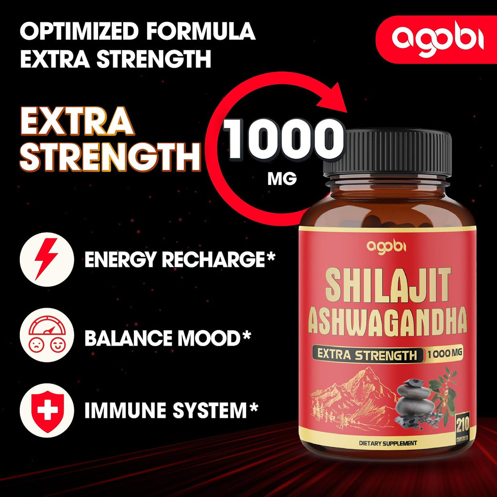 agobi Shilajit con Ashwagandha, 210 Cápsulas - 600mg Shilajit Puro del Himalaya + 400mg Ashwagandha Orgánica