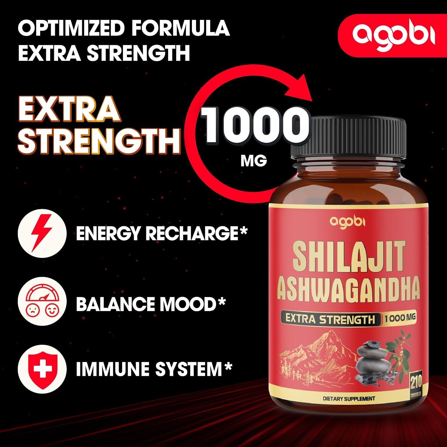 agobi Shilajit con Ashwagandha, 210 Cápsulas - 600mg Shilajit Puro del Himalaya + 400mg Ashwagandha Orgánica