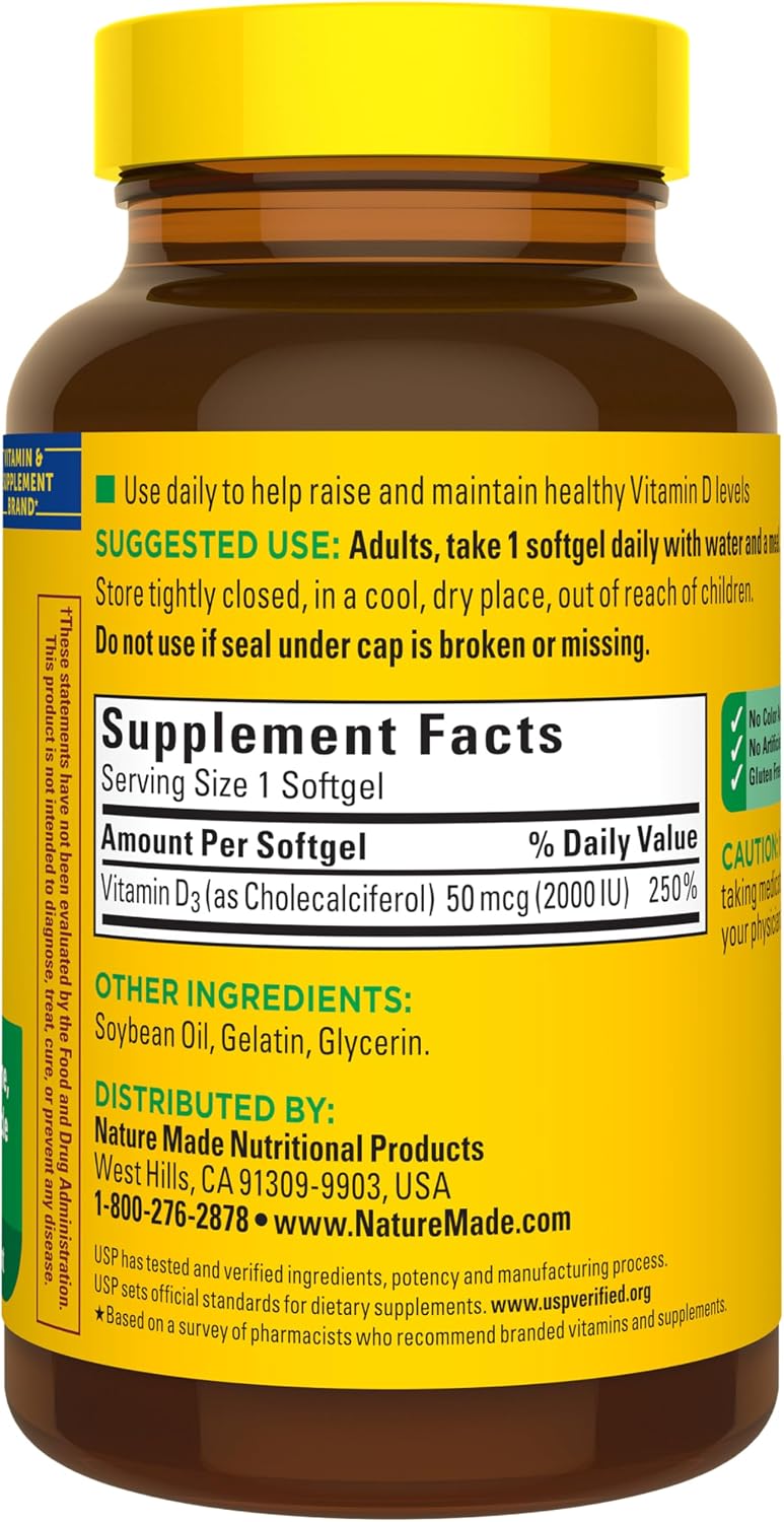 Nature Made Vitamina D3 2000 UI (50 mcg), suplemento para la salud ósea, dental, muscular e inmunológica, 250 cápsulas blandas, suministro para 250 días
