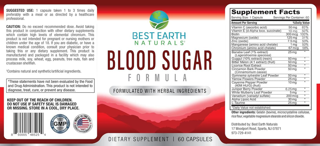 Best Earth Naturals Fórmula de Azúcar en Sangre con Canela, Gymnema Sylvestre, Banaba, Guggul y Más - 60 Cápsulas