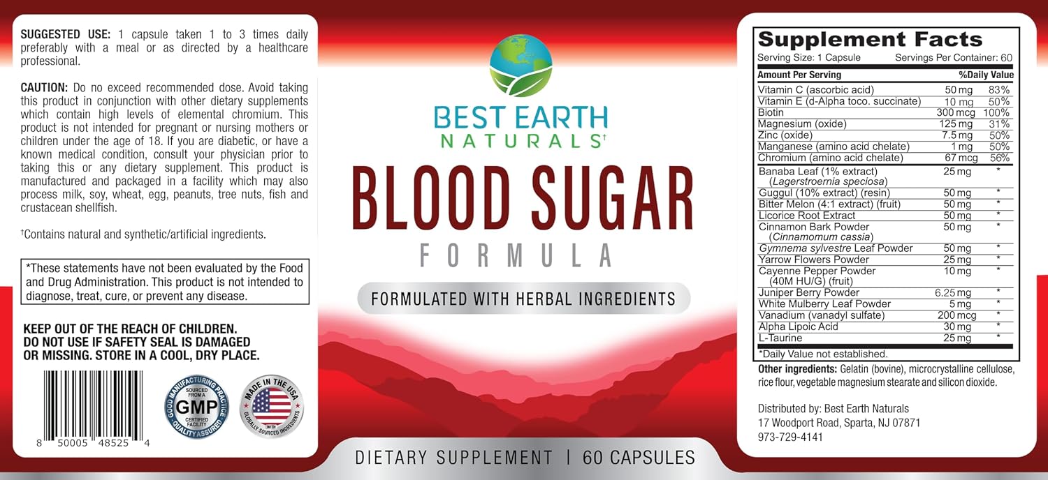 Best Earth Naturals Fórmula de Azúcar en Sangre con Canela, Gymnema Sylvestre, Banaba, Guggul y Más - 60 Cápsulas