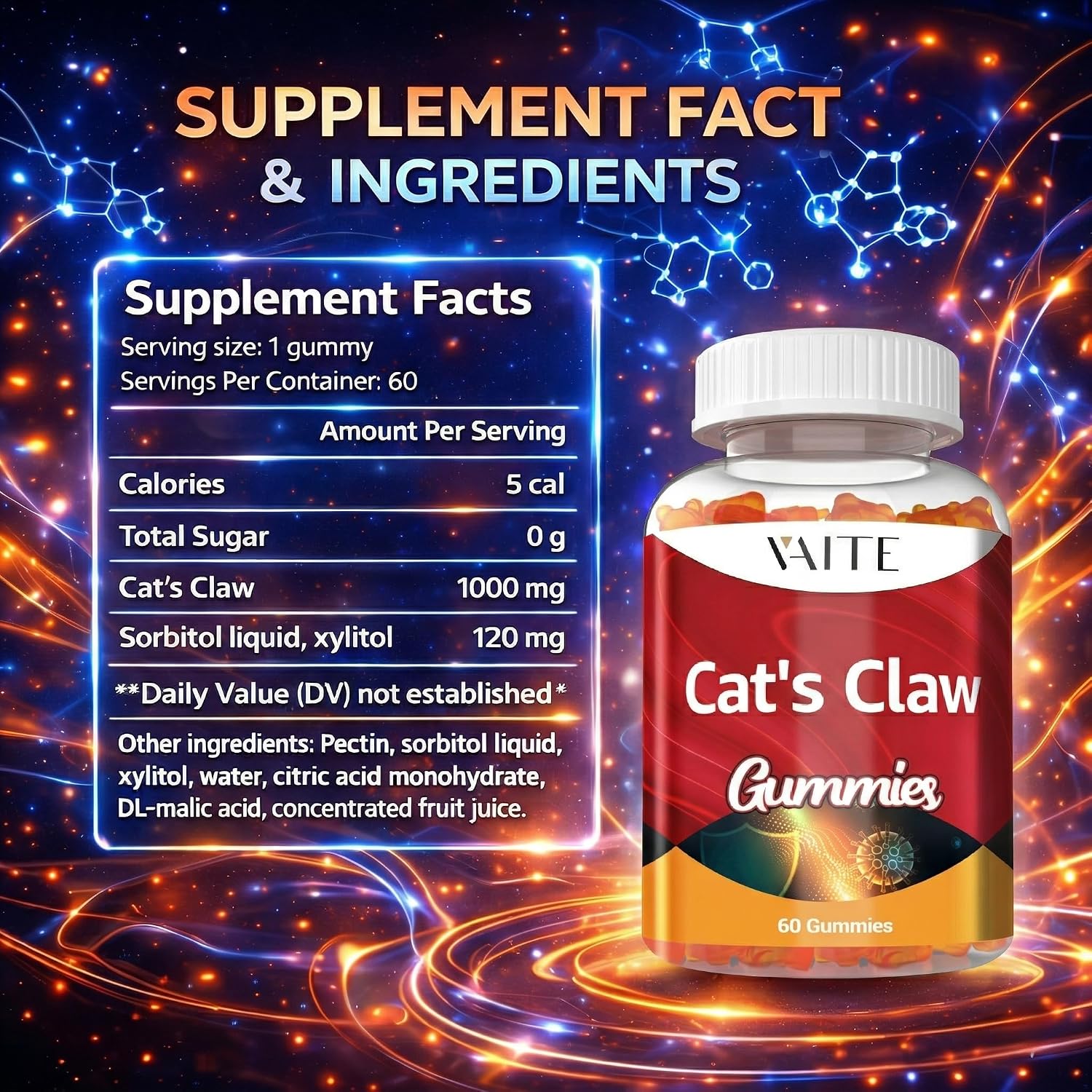 Gominolas de Uña de Gato 1000mg - Extracto de Uncaria Tomentosa, Vegano, Sin Azúcar, Sin Gluten (60 unidades)
